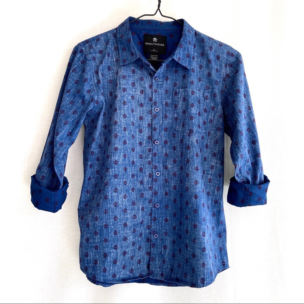 SHOUTHOUSE Boys Shirt Indigo Blue Button Up Size L